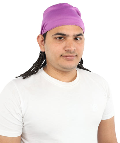 Men’s Movie Character Inspired Black Braided Wig with Purple Head Wrap Hat | Flame-retardant Synthetic Fiber | Ideal Hairpiece for Cosplay & Halloween