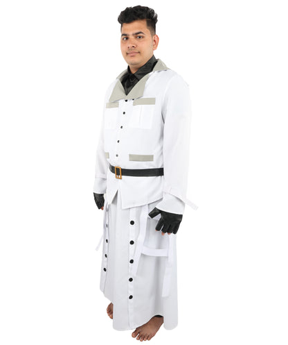 HPO Men's Sci-Fi Executive Officer Costume | White Trench Coat Uniform with Layered Black Scarf and Belts | Ideal for Halloween, Theater, Drag, and Gaming Events