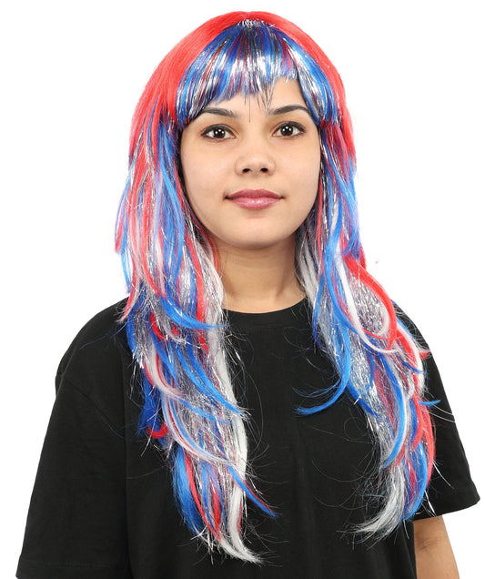 HPO Women's Patriotic Long Wig | Multi Color Hairpiece | Adjustable Inner Straps Cap for Parades, Holidays & Theme Events
