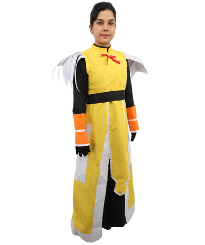 HPO Fantasy Warrior Dress Suit | Yellow and black uniform nw construction featuring a main body dress, hand gloves, and structured belt | Ideal for party, Halloween, cosplay, theater, drag, performance, costume events