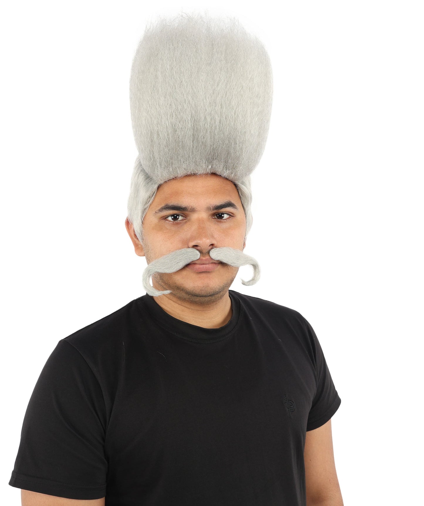 HPO Adult Men's Tall Flat Top Wig and Mustache | Vertical Dark Pompadour with Long Handlebar Facial Hair, Synthetic Fiber & Breathable Net | Halloween, Carnival, Stage Performance & Roleplay