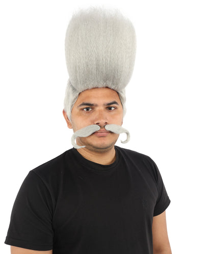 HPO Adult Men's Tall Flat Top Wig and Mustache | Vertical Dark Pompadour with Long Handlebar Facial Hair, Synthetic Fiber & Breathable Net | Halloween, Carnival, Stage Performance & Roleplay