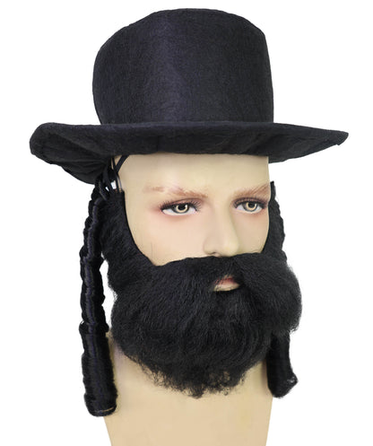 HPO Adult Men’s Traditional Beard & Hat Set with Side Curls | Fun Adult Costume Accessory | Flame-retardant Synthetic Fiber