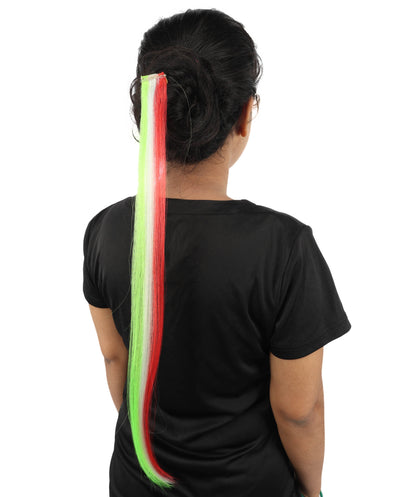 HPO Women's Clip-in Hair Extension | Sleek straight green, white and red synthetic fibers featuring a secure snap attachment | Ideal for party, Halloween, cosplay, theater, drag, performance, costume events