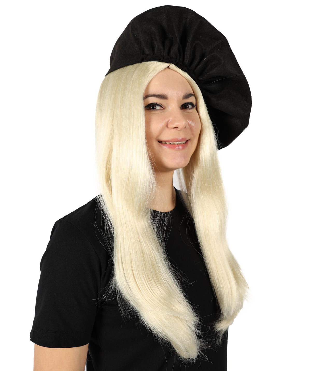HPO Women's Chic Pop Icon Blonde Wig with Black Hat Sleek Style Elegant Layers and Bold Modern Flair Premium Breathable Capless Cap