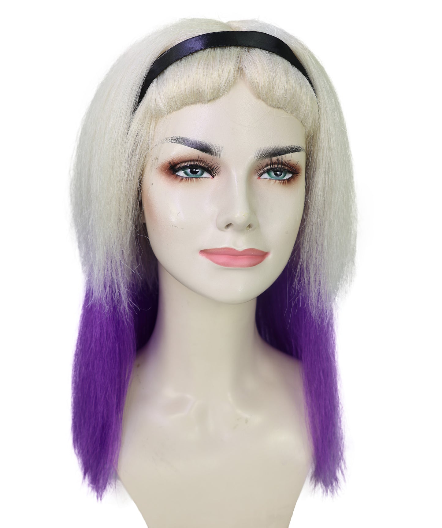 HPO Adult Women’s Long Blonde Gothic Wig with Purple Ombre and Black Headband | Inspired Villainess Hairpiece | Ideal for Halloween | Breathable Capless Cap