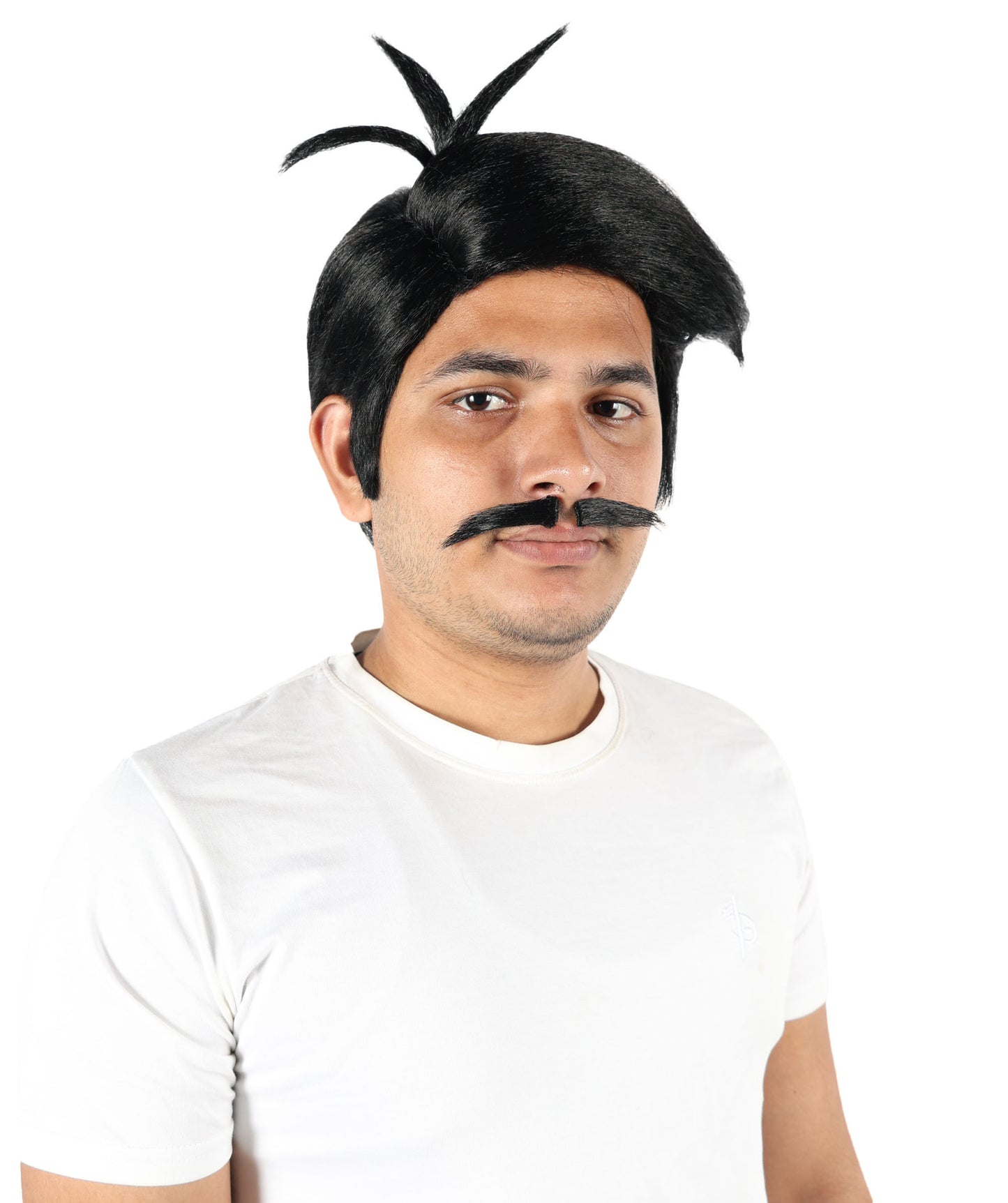 HPO Men's Western Outlaw Black Wig & Mustache Set | Short Black Synthetic Hairpiece with Matching Facial Hair | Ideal for Costume Parties & Roleplay