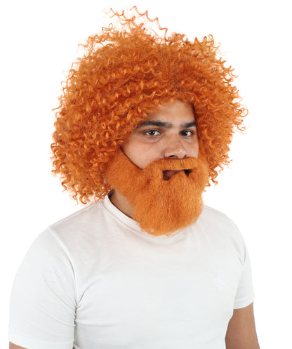 HPO Men's Wild Caveman Orange Wig Beard & Mustache Set | Massive Frizzy Orange Afro and Full Beard Set with Messy Texture | Prehistoric Costume, Viking Cosplay, Halloween, and Funny Party Props