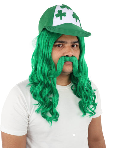 Green Mullet Hair Hat Wig & Mustache Set for Men | Synthetic Retro Punk Hairstyle | Wigs for Cosplay, Halloween, Parties & Roleplay