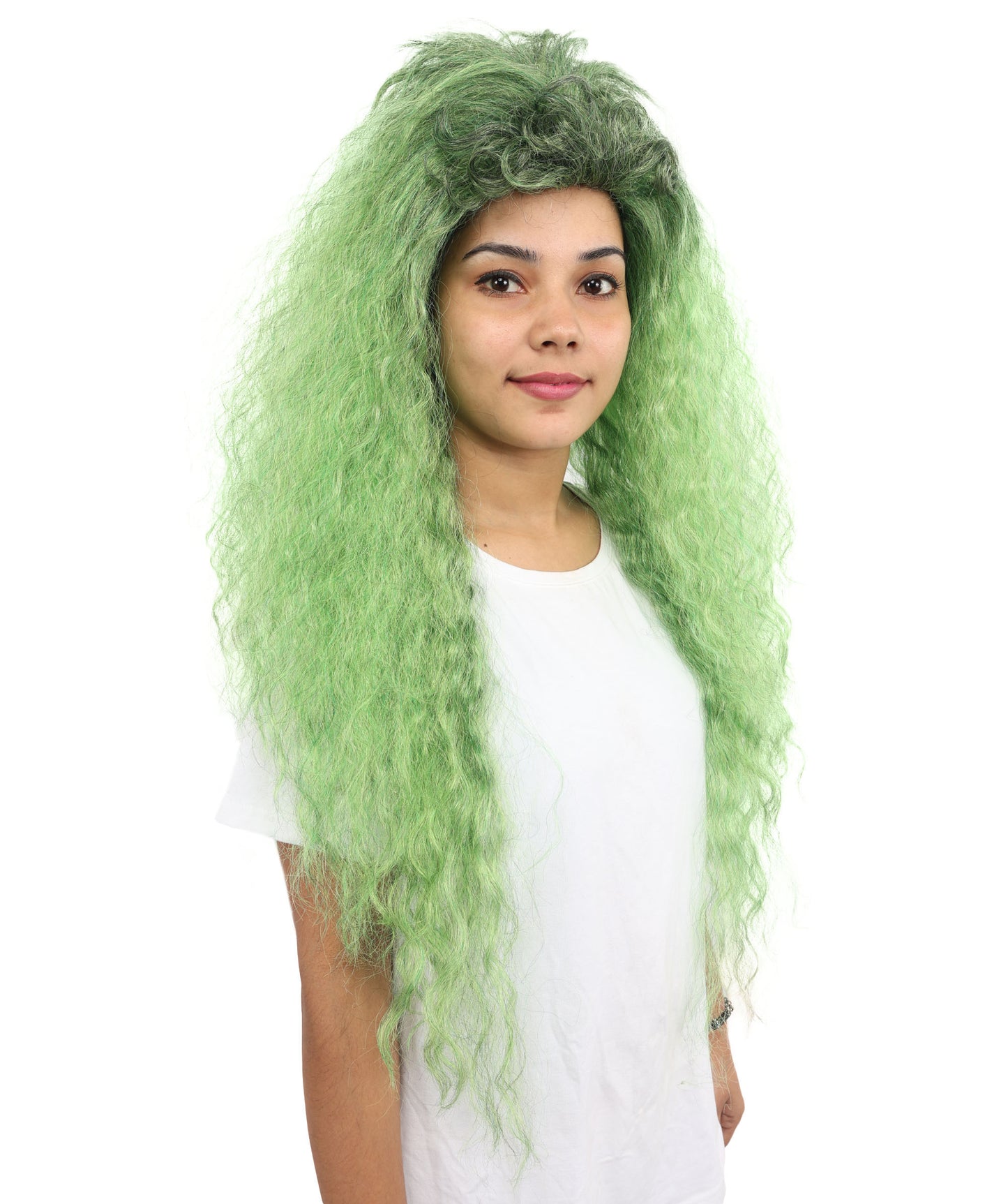 HPO Witch Wig for Women | Extra Long Curly  Hairpiece with Green & Black Blend | Adjustable Inner Cap for Halloween, Cosplay & Stage