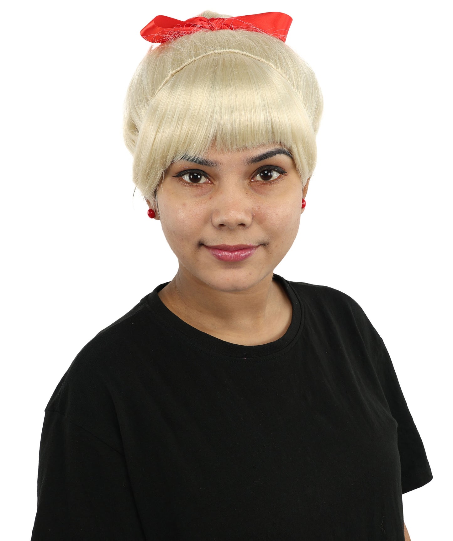 HPO Women's Spiral Ponytail Wig | Multicolor Options | High Updo with Red Ribbon Bow & Bangs, Heat Friendly Synthetic Fiber & Breathable Cap | Halloween, Christmas Event, Themed Party, Theater & Roleplay