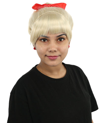 HPO Women's Spiral Ponytail Wig | Multicolor Options | High Updo with Red Ribbon Bow & Bangs, Heat Friendly Synthetic Fiber & Breathable Cap | Halloween, Christmas Event, Themed Party, Theater & Roleplay