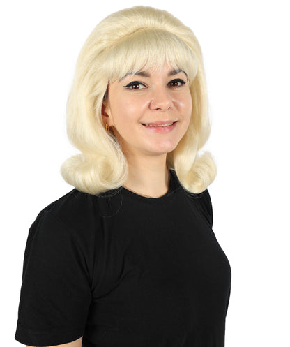 HPO Adult Woman 60's Flick-Up Blonde Wig – Retro Flipped Bob for Vintage & Costume Parties,Premium Breathable Capless Cap with Flame Retardant Synthetic Fiber Hair