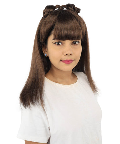 HPO Women's Brown & Pink Half Updo Bangs Wig | Create of synthetic fiber, blunt fringe with top bow, breathable base | Party, Halloween, theater, drag, performance, costume events