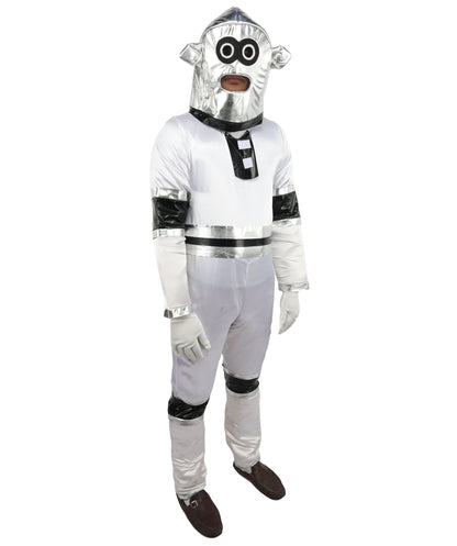 HPO Men's Metallic Silver & Black Android Bodysuit | Shiny PVC and Satin Finish with Full Head Cap and Matching Hand Gloves | Ideal for Cosplay, Halloween, Drag, and Futuristic Theater Performances