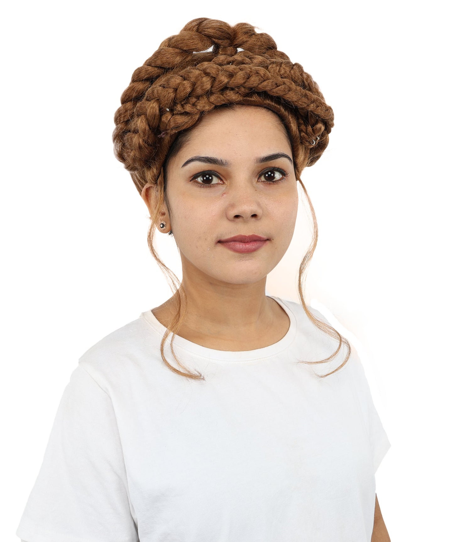 HPO Women's Victorian-Inspired Curly Brown Wig | Long Voluminous Curls with Soft Bangs | Cosplay, Halloween, Parties, Stage & Roleplay