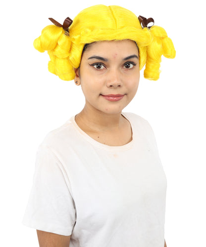 HPO Women's Golden White Mixed Curly Pigtail Wig | Messy Ringlet Twin Tails with Attached Fabric Ribbons, Synthetic Fiber & Breathable Cap | Halloween, Movie Character Roleplay, Costume Party & Theater