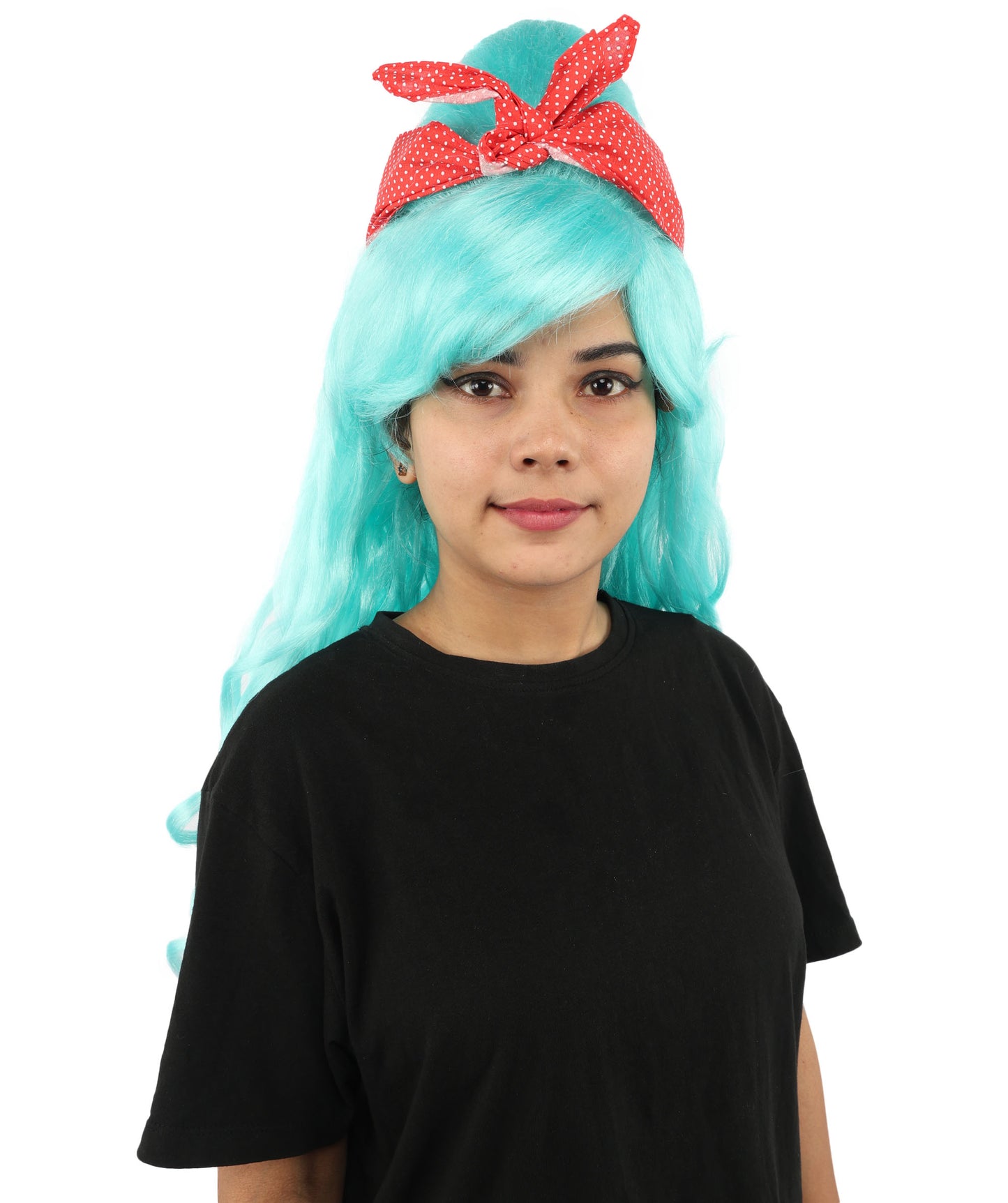 HPO Women’s Retro Beehive Wig with Red Bow | Multicolor Options | Extra Long Wavy Fancy Dress Accessory | Fancy Dress Accessory | Celebrity-Inspired Hair for Halloween, Cosplay & Music Tribute Parties