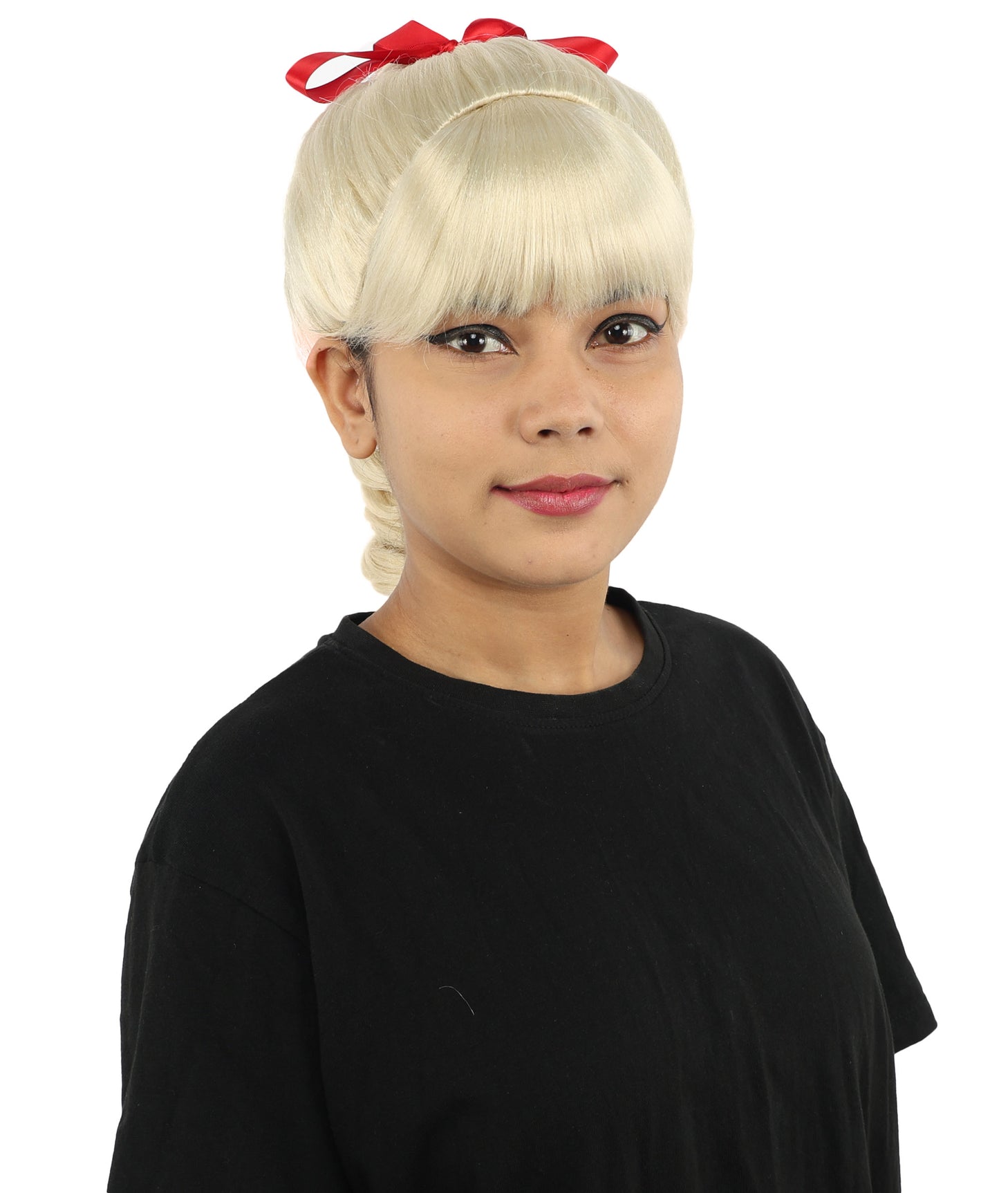 HPO Women's Spiral Ponytail Wig | Multicolor Options | High Updo with Red Ribbon Bow & Bangs, Heat Friendly Synthetic Fiber & Breathable Cap | Halloween, Christmas Event, Themed Party, Theater & Roleplay