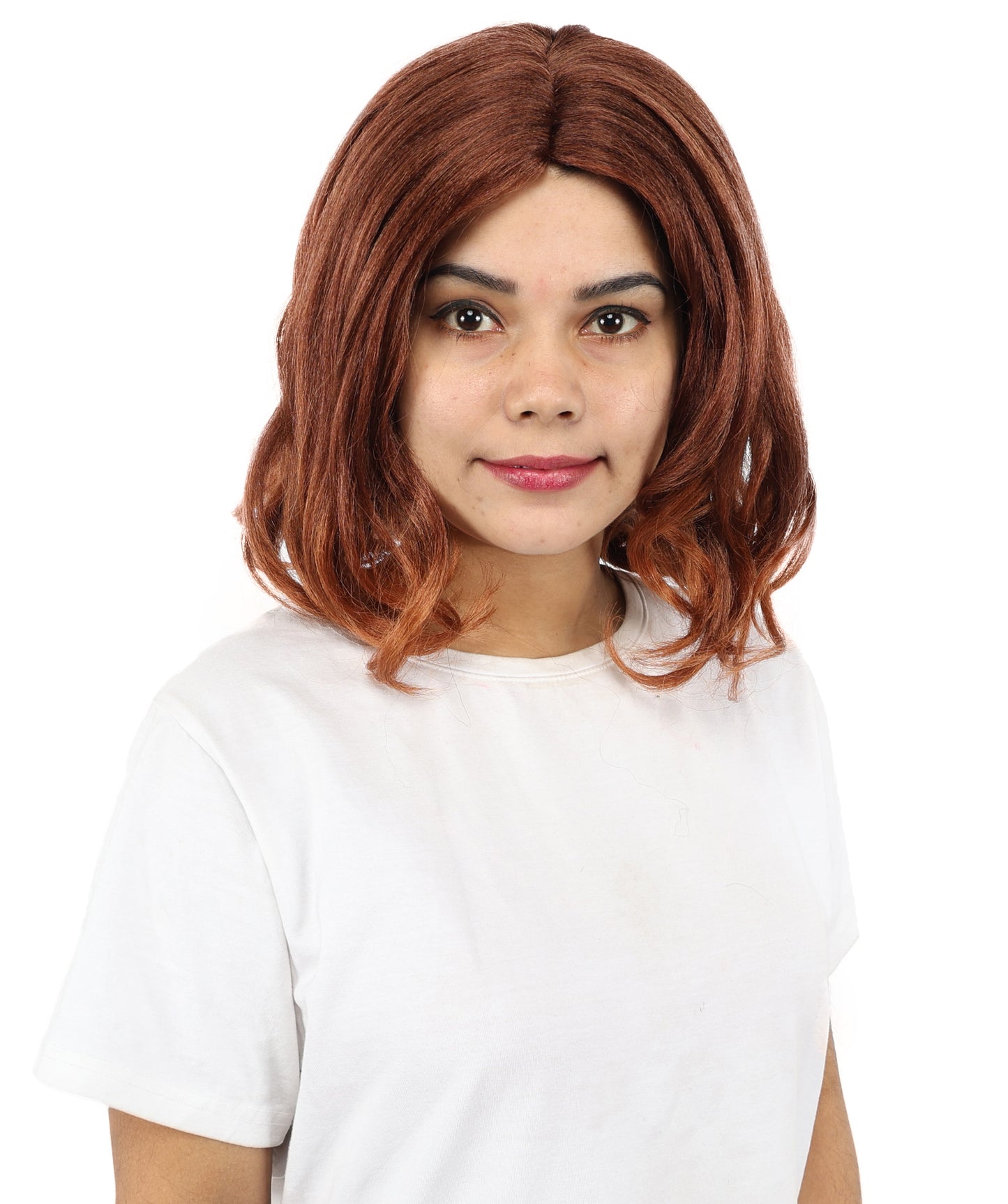 HPO Women’s Short Curly Copper Brown Wig – 13” Shoulder-Length Hairpiece with Side Part | Ideal Hairpiece for Theatre, Dress-Up, Cosplay & Character Roleplay