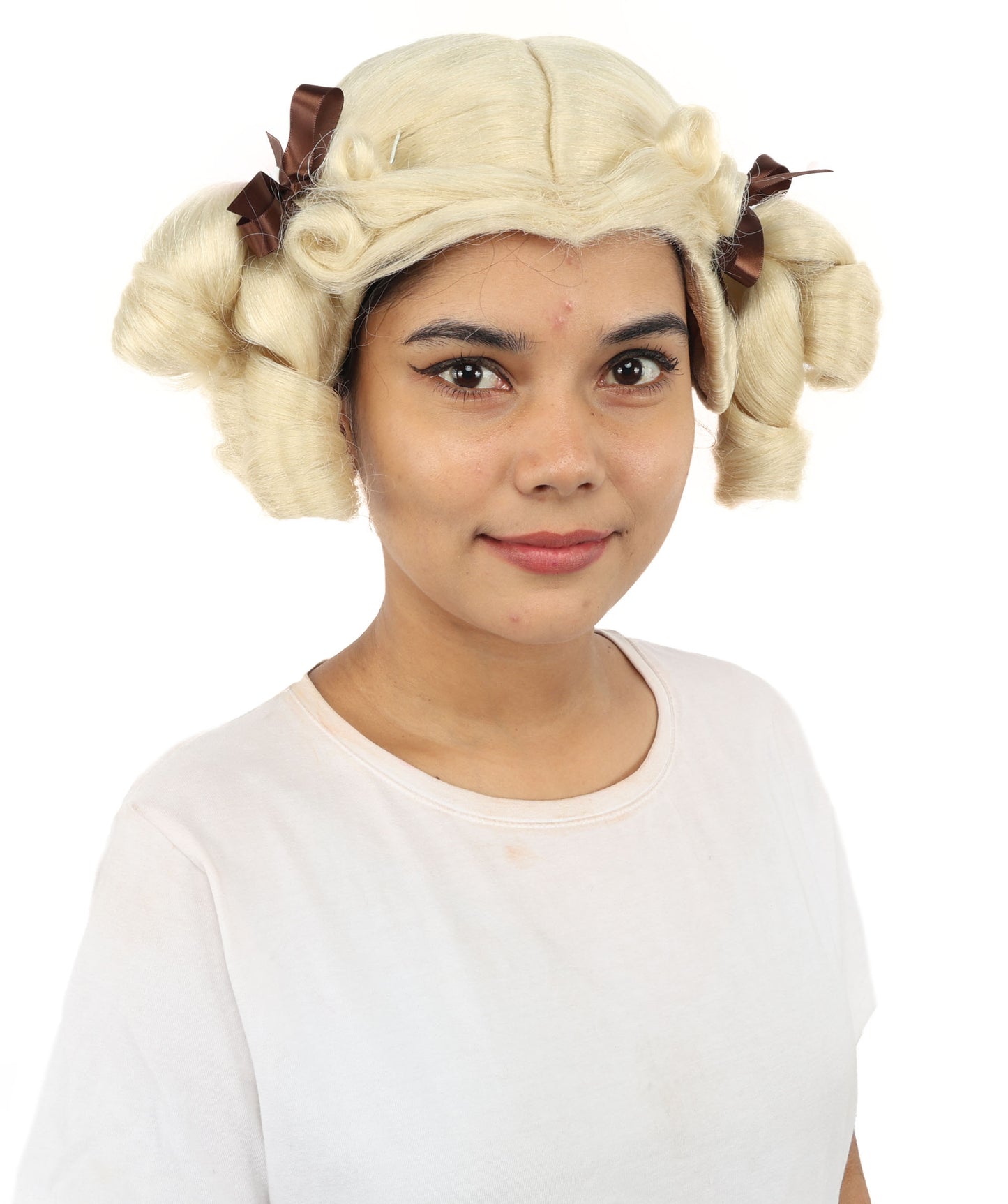 HPO Women's Golden White Mixed Curly Pigtail Wig | Messy Ringlet Twin Tails with Attached Fabric Ribbons, Synthetic Fiber & Breathable Cap | Halloween, Movie Character Roleplay, Costume Party & Theater