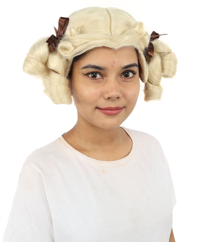 HPO Women's Golden White Mixed Curly Pigtail Wig | Messy Ringlet Twin Tails with Attached Fabric Ribbons, Synthetic Fiber & Breathable Cap | Halloween, Movie Character Roleplay, Costume Party & Theater