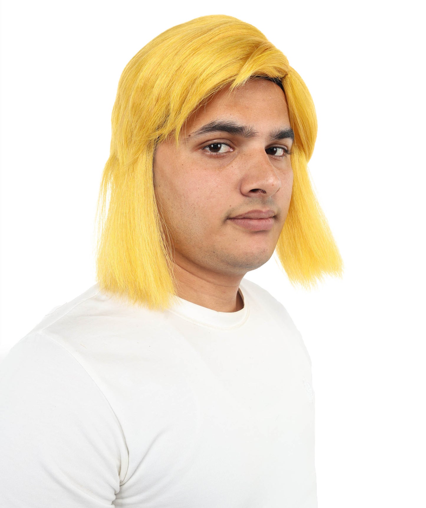 HPO Men's Fantasy Hero Wig | Short Yellow & Blonde Layered Hairstyle with Side Bangs | Synthetic Wig for Cosplay, Roleplay, Halloween & Stage