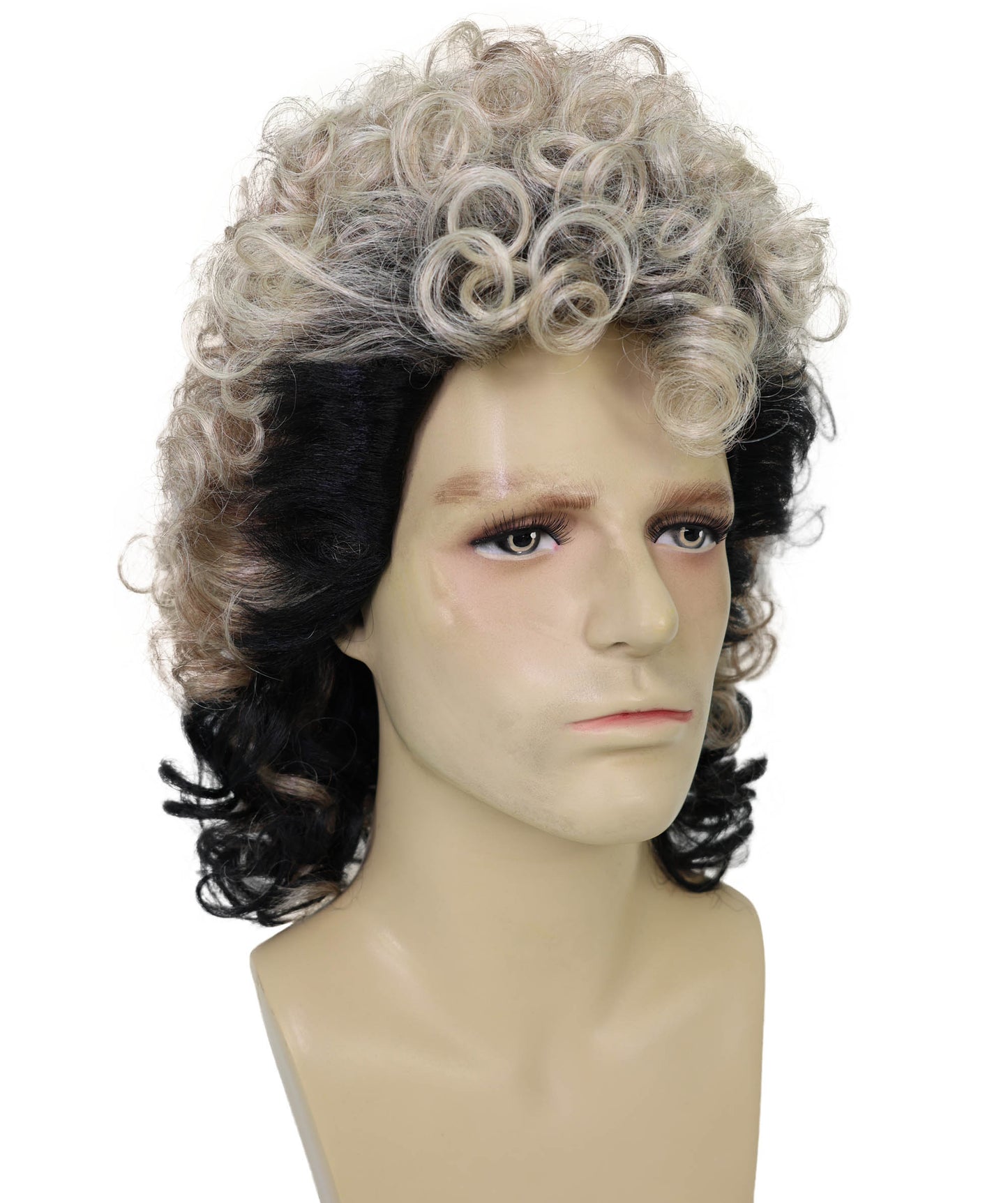 HPO Men’s Rocker 80s Black & Brown Highlighted Mullet Wig | Funny Curly Hairpiece with Capless Cap Design | Ideal for Halloween and cosplay