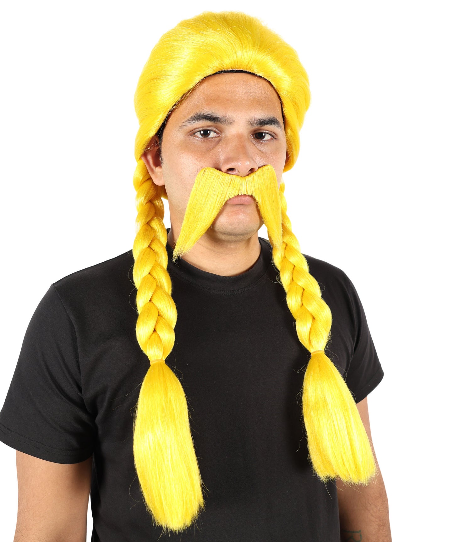 Voluminous Fashion Yellow Braided Pigtails Wig & Mustache | Bold Cartoon-Inspired Hairpiece for Halloween, Cosplay, Parties & Stage