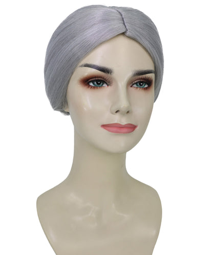 HPO Adult Female EG Old Woman Grey Straight Bun Wig, Synthetic Fiber Hair, Perfect for Halloween & Themed Parties, Breathable Capless Cap, Flame-retardant Synthetic Fiber