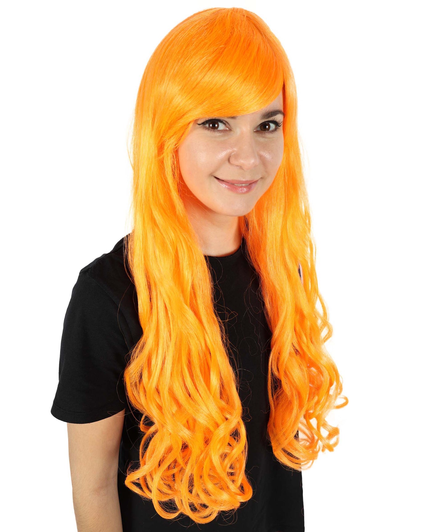 HPO Women's Multicolor Long Curly Wig with Fringe, Flame-retardant Synthetic Fiber