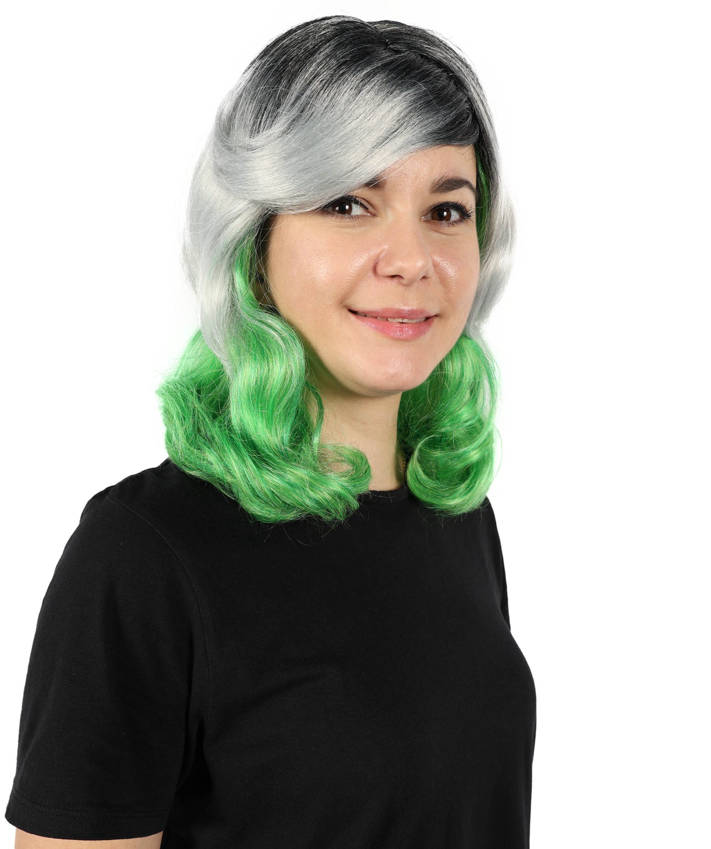 HPO Women’s Ombre Grey & Green Short Wavy Bob Wig with Bangs | Synthetic Fashion Wig | Daily Wear, Cosplay, or Costume Use