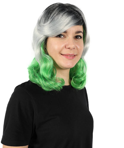 HPO Women’s Ombre Grey & Green Short Wavy Bob Wig with Bangs | Synthetic Fashion Wig | Daily Wear, Cosplay, or Costume Use