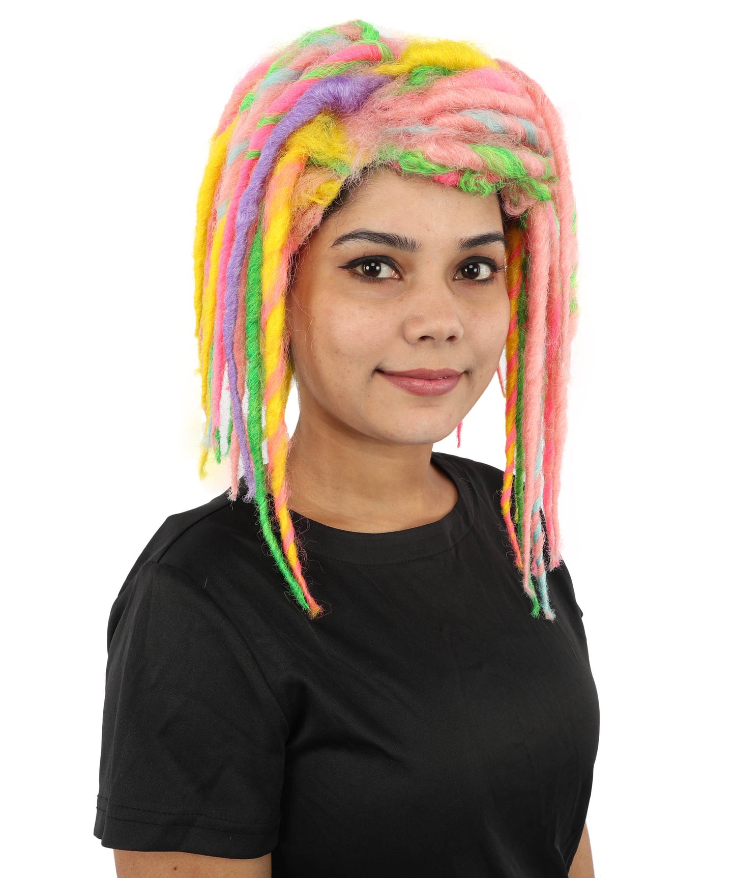 Women's Neon Cyber Goth Wool Dreadlock Wig | UV Reactive Multicolor Braids | Festival Rave Hairpiece, Halloween Costume and Club Wear Accessory
