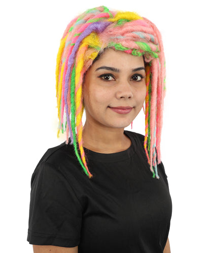 Women's Neon Cyber Goth Wool Dreadlock Wig | UV Reactive Multicolor Braids | Festival Rave Hairpiece, Halloween Costume and Club Wear Accessory