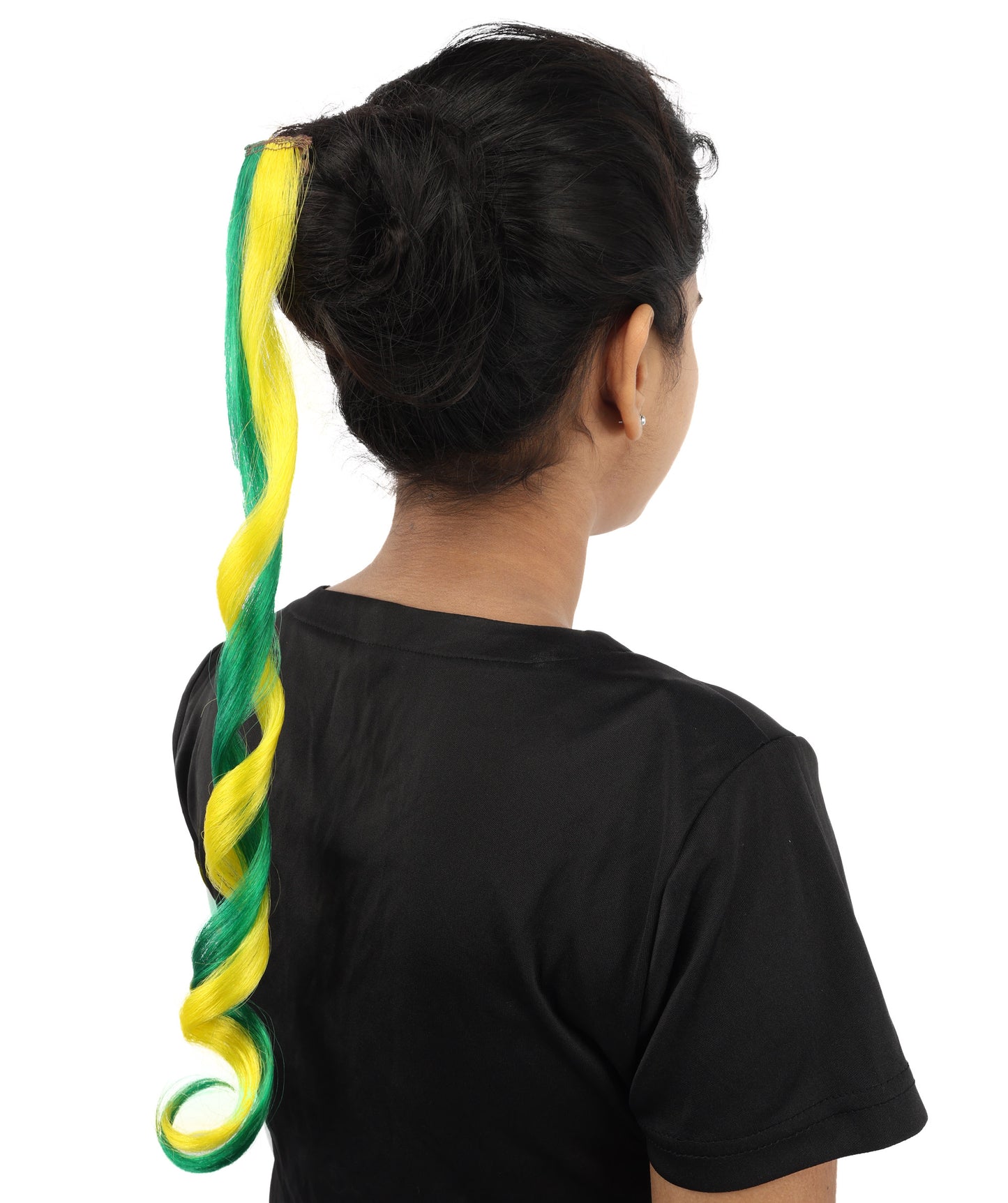 HPO Women's Brazil Flag Hair Extension | Coiled green and yellow synthetic fibers featuring a twisted attachment design | Ideal for party, Halloween, cosplay, theater, drag, performance, costume events