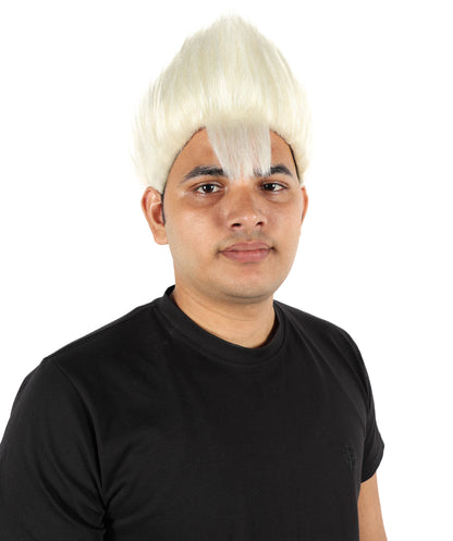 HPO Men's White Spiky Punk Wig | Medium Platinum Synthetic Hair with Adjustable Cap for Cosplay, Halloween, Stage Performances & Roleplay