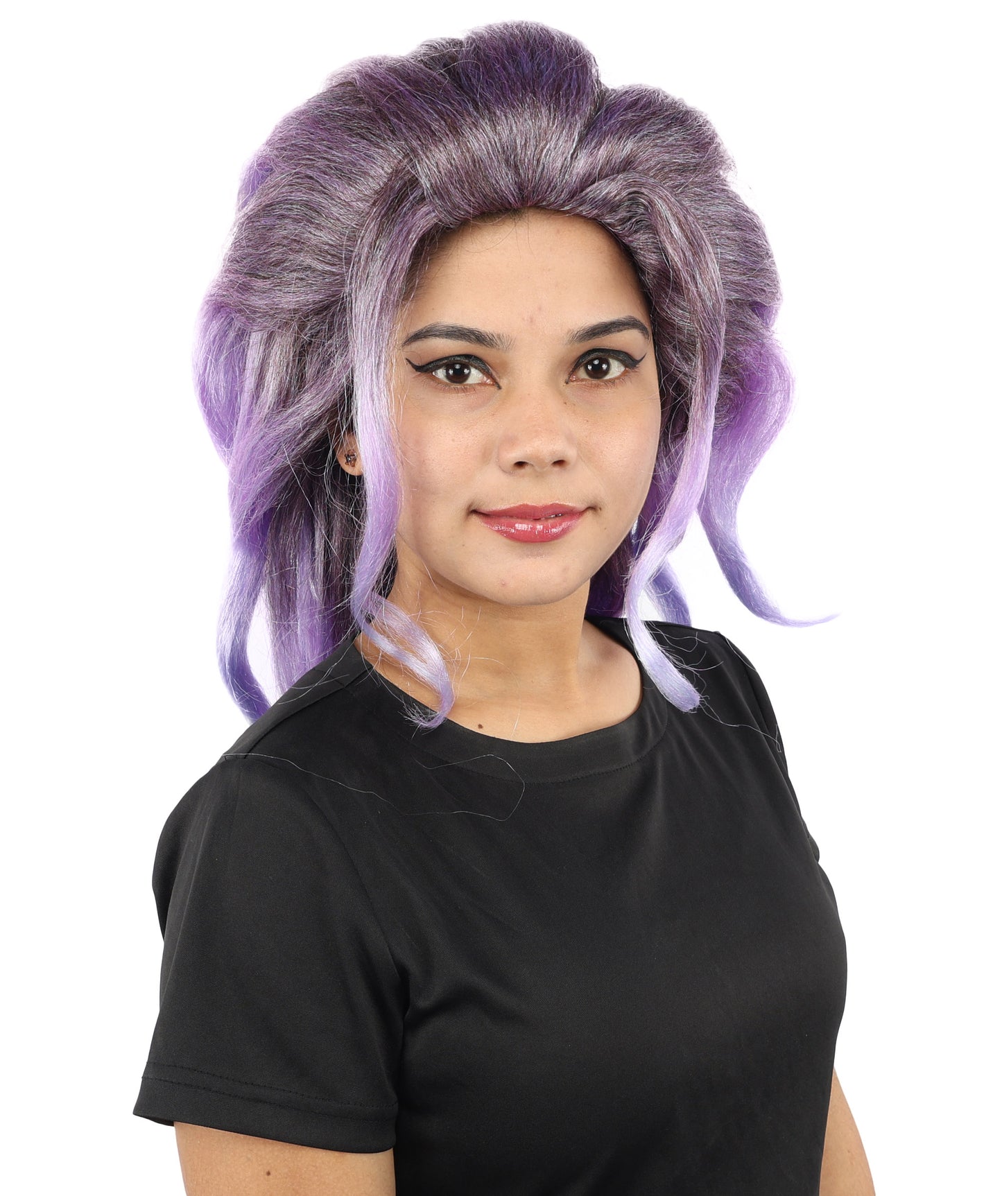 HPO Women's Long Wavy Fantasy Purple wig | Dark roots transitioning to luminescent blue tips, created of flame-retardant synthetic fiber, capless base | Theater stage, costume events, drag