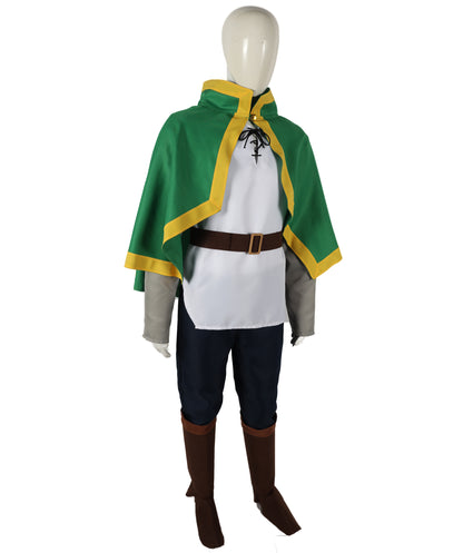 Fantasy Adventurer Roleplay Suit | Green and white uniform tricote construction featuring a koti capelet, body shirt, pants, belt, and leg socks | Ideal for party, Halloween, cosplay, theater, drag, performance, costume events