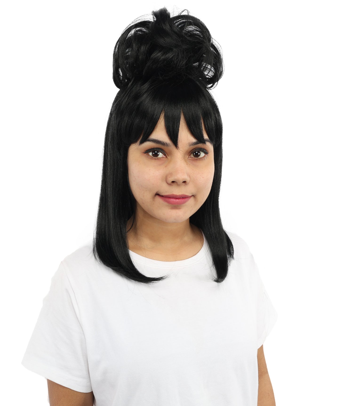 HPO Women's Retro Beehive Updo Wig | Black Hair Style with Straight Bangs | Ideal for Theme Events, Fancy Dress Wear & Party Performances