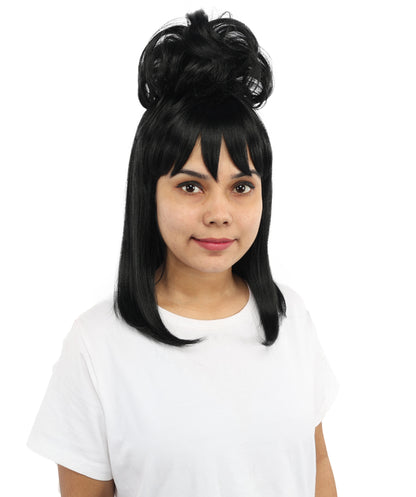 HPO Women's Retro Beehive Updo Wig | Black Hair Style with Straight Bangs | Ideal for Theme Events, Fancy Dress Wear & Party Performances
