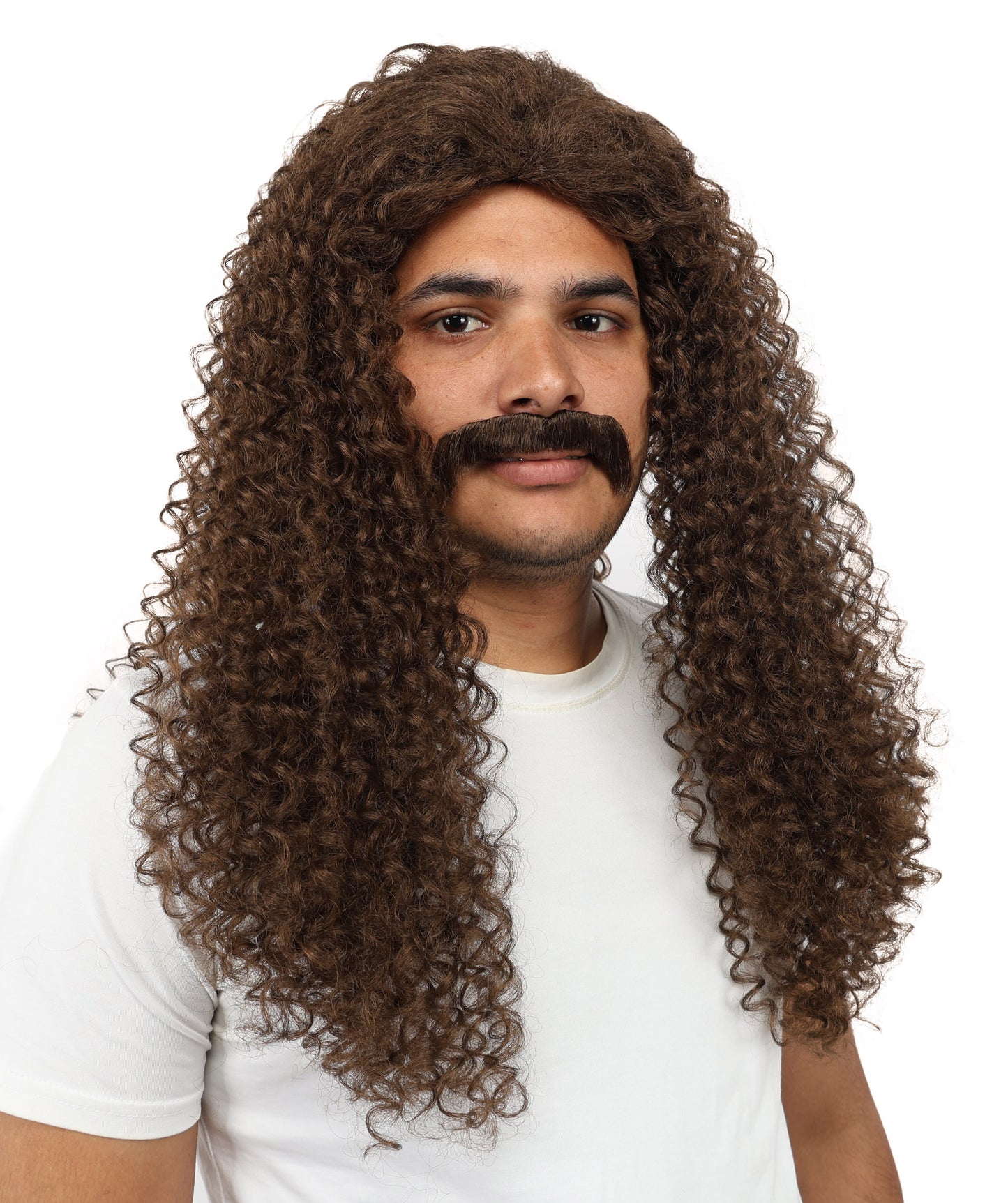 HPO Men's Long Curly Wig & Mustache Set for Men | Natural-Looking Brown Synthetic Hairpiece | Wig for Cosplay, Halloween & Stage Use