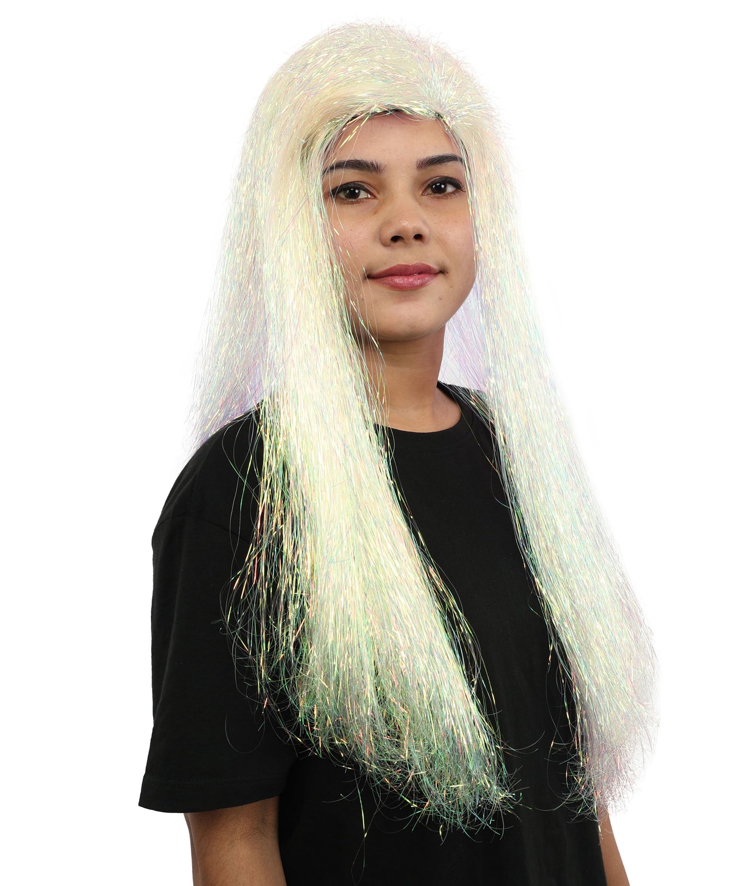 HPO Women's White Sparkling Cosplay Wig | Long Layered Synthetic Wig for Halloween Parties, Festivals, s, and Roleplay