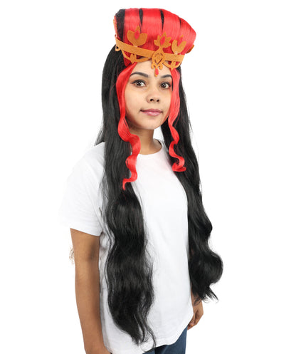 HPO Women’s Black and Red Extra Long Wig – Wavy Cosplay Wig with Braided Crown and Extra Length | Fancy Dress Costume Hairpiece with Adjustable Cap for Parties