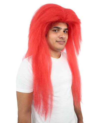 HPO Men's Red Wig | Extra Long Layered Synthetic Hairpiece for Cosplay, Stage Performance & Halloween Party Wear
