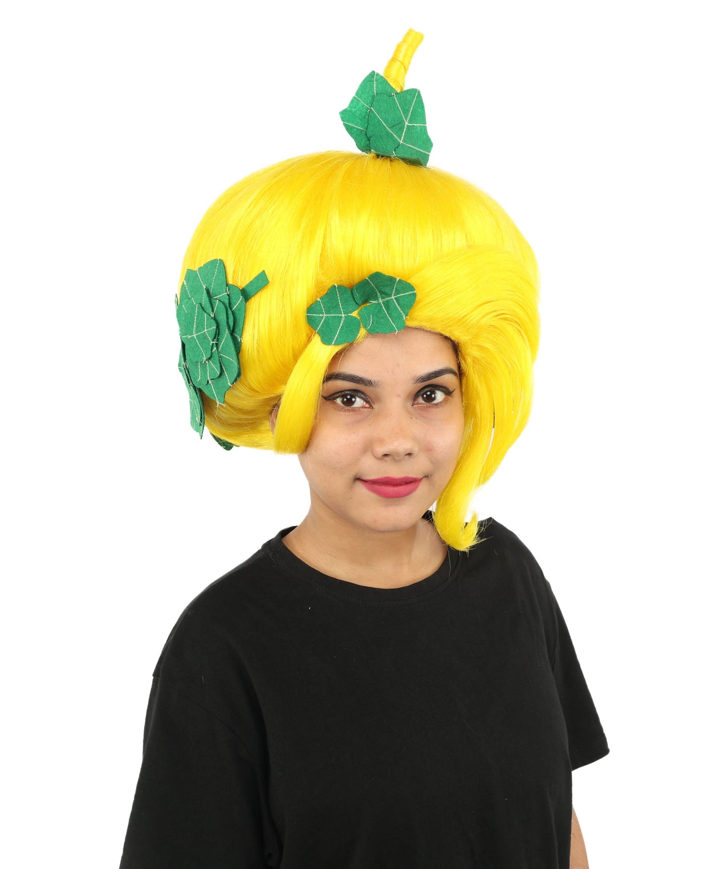 HPO Adult Women's Sculpted Pumpkin Show Wig | Multiple Color Options | Create of synthetic fiber, massive spherical updo with green leaf accents, breathable base | Halloween, theater, drag, performance, party, costume events