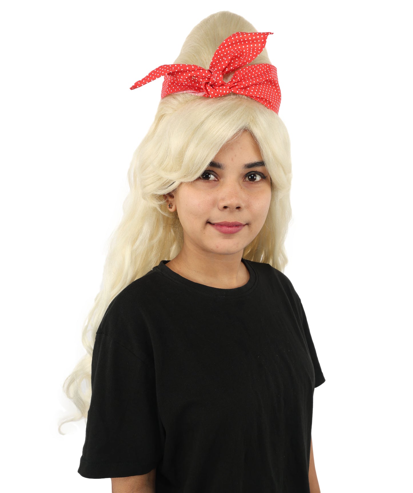 HPO Women’s Retro Beehive Wig with Red Bow | Multicolor Options | Extra Long Wavy Fancy Dress Accessory | Fancy Dress Accessory | Celebrity-Inspired Hair for Halloween, Cosplay & Music Tribute Parties