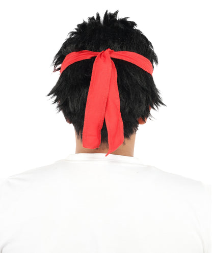 HPO Black Spiky Wig with Red Headband | Short Cosplay Hair for Men | Synthetic Fiber | Anime Outfit for Halloween, Events & Roleplay