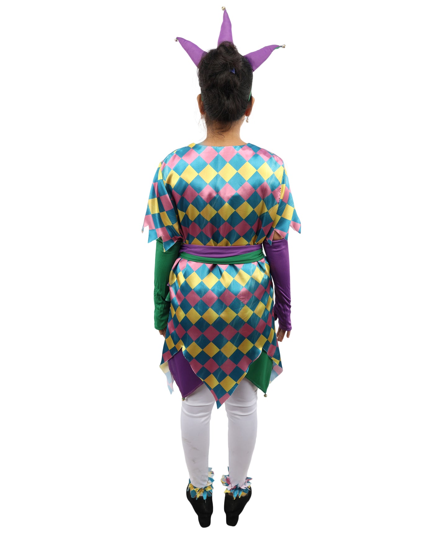 HPO Women's Sequin Jester Dress Costume – Multicolor Jester Style Outfit with Diamond Pattern | Party, Cosplay & Festival Wear