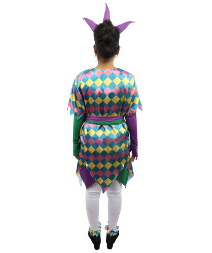 HPO Women's Sequin Jester Dress Costume – Multicolor Jester Style Outfit with Diamond Pattern | Party, Cosplay & Festival Wear